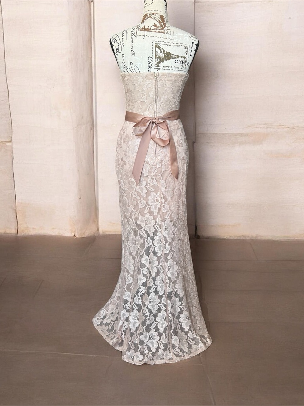 Vintage Deb Soft Peach/Nude Full Length Bodycon Lace Dress Juniors size 5 - Picture 4 of 12